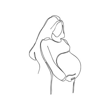 Vector illustration. One line art. A pregnant woman is holding her belly.
