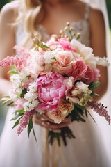 Real flowers for wedding in shades of pink and white bride holding it in her hands. AI generative