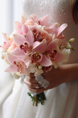 Real flowers for wedding in shades of pink and white bride holding it in her hands. AI generative
