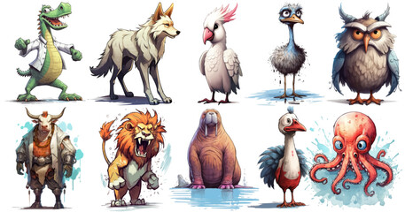 Owl, wolf, bull, turkey, cockatoo, crocodile, lion, ostrich, walrus, octopus. Cute baby animals isolated on background. Cartoon vector illustration
