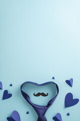 Cheeky idea for Father's Day. Vertical top view of entertaining accessories, heart-shaped tie, paper hearts, mustaches laid out on light blue base, featuring space for text or promotional content