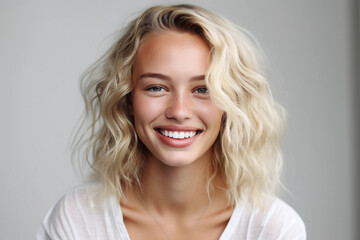 Naklejka premium Portrait of Young blonde Woman Smiling Cheerfully and white background