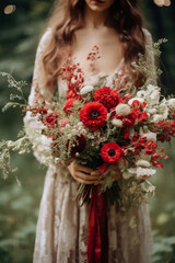 Real flowers for wedding in shades of red and white bride holding it in her hands. AI generative