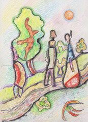 walk in the summer park drawn with colored pencils