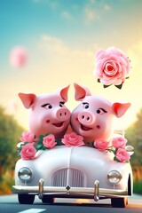 super cute adorkable fluffy Pink Pig, couple pig is smiling happily, very happy, sitting on the roof of a taxi