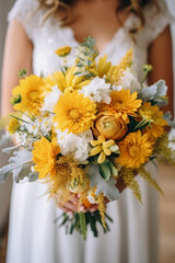 Obraz na płótnie Canvas Real flowers for wedding in shades of yellow and white bride holding it in her hands. AI generative