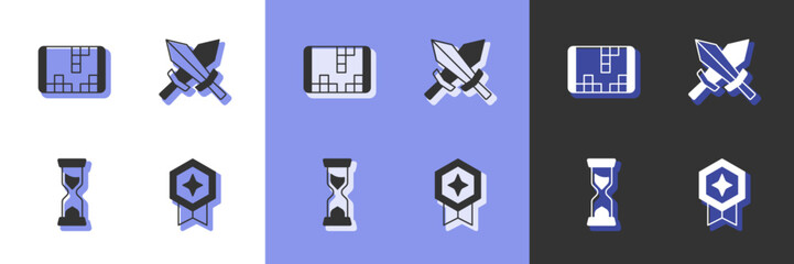 Set Game rating with medal, Portable video game console, Old hourglass and Sword for icon. Vector