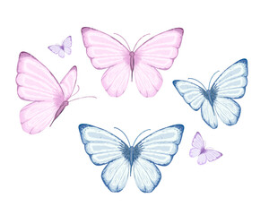 colorful pastel watercolor set of butterflies