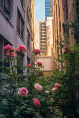 Fototapeta na wymiar Real photo of roses blooming between buildings. AI generative