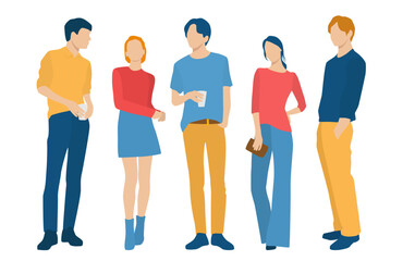 Obraz premium Set of young men and women, different colors, cartoon character, group of silhouettes of standing business people, students, the design concept of flat icon, isolated on white background