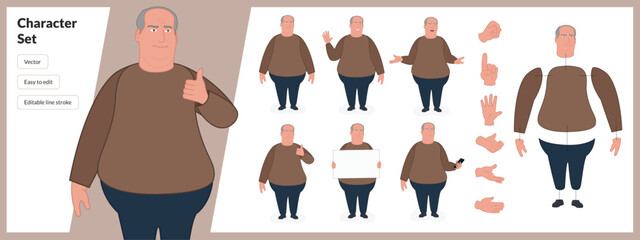 Illustration of large overweight man, wearing business casual clothing in a set of multiple poses. Easy to edit with editable line strokes and isolated on white background. Suitable for animation. - obrazy, fototapety, plakaty
