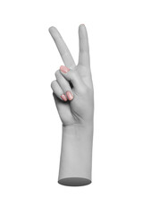 Black and white woman's hand pointing two fingers up, number two, peace sign, victory. Modern, 3d trendy style.