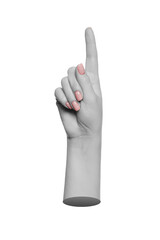 Woman's hand in black and white pointing up her index finger, number one, click or tap on the touch screen. Modern, 3d trendy style.