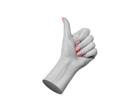 3D style black and white female hand with pink nail polish showing like sign, thumbs up, isolate. Modern design, trendy.