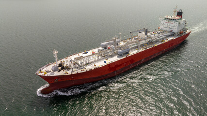 Aerial view of LPG gas ship. Gas carrier, gas tanker sailing in ocean - 606033908