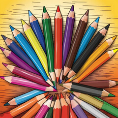 Fototapeta premium Cover illustration for a coloring book for children, colored large crayons and pencils