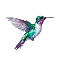 Hummingbird on white background in watercolor style. Beautiful tiny colibri bird. Generative AI.
