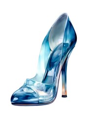Glass female shoe with high heel isolated on white background in watercolor style. Generative AI. - obrazy, fototapety, plakaty