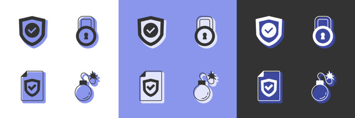 Set Bomb, Shield with check mark, Contract shield and Lock icon. Vector