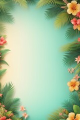 Fototapeta na wymiar Tropical vertical background for mobile phone screen. Exotic flowers and palm leaves around the edges. Generative AI