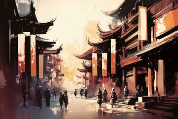 digital painting of Chinese buildings with people walking in city street, Generative AI