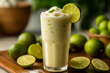 Fototapeta premium Lime Slush, a cool and refreshing beverage. Tangy lime flavor blended with ice for a refreshing treat. Generative AI.