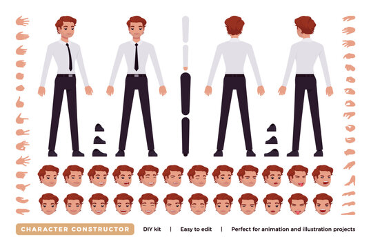 Business man character DIY constructor. Office boy figure parts. Head, leg, hand gestures, female manager different emotions. Vector flat style cartoon construction kit isolated on white background