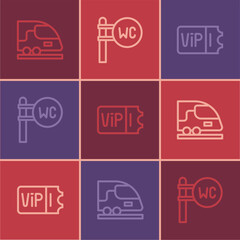 Set line High-speed train, Train ticket and Toilet icon. Vector