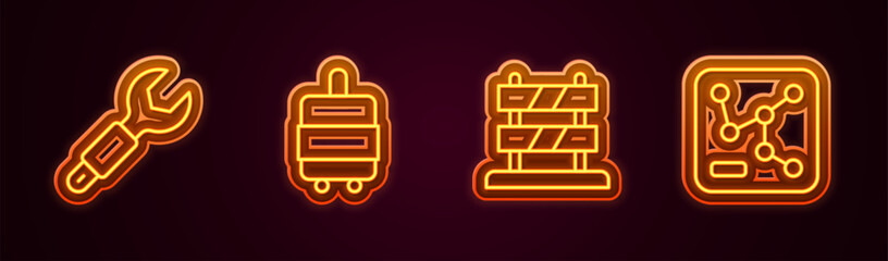 Set line Wrench spanner, Suitcase, End of railway tracks and Railway map. Glowing neon icon. Vector