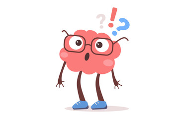 Vector illustration of brain character with glasses and question mark. Flat style design of business pink brain character on white color background