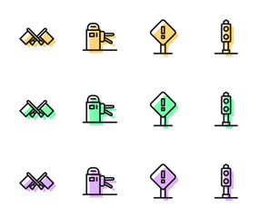 Set line Exclamation mark in square, Flag, Turnstile and Train traffic light icon. Vector