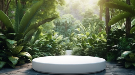 White circle pedestal in tropical forest for product presentation.3D rendering Generative AI