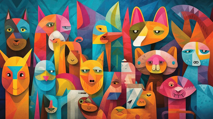 Fototapeta na wymiar Colorful illustration with cute animals in cubism style for Children's Day