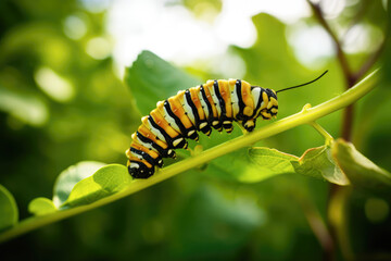 a caterpillar inching its way along the stem of the flower - Generative AI