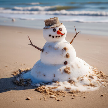 melting snowman on the beach, Generative AI