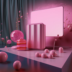 3d render of a computer room in pink 