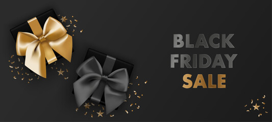 Black Friday Sale banner background. Realistic luxury black and gold ribbon gift boxes and confetti. Vector illustration for Christmas, poster, template, sale, promo, discount, website, social media