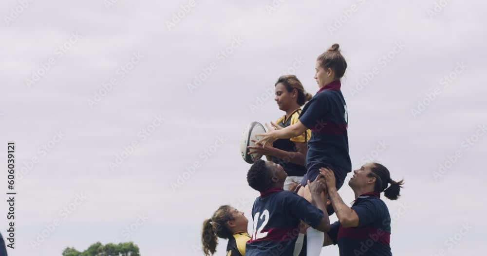 Poster Rugby, fitness and women with a ball, exercise and training with wellness, healthy and cardio. Female people, players and athletes on the field, workout goal and challenge with a match and teamwork