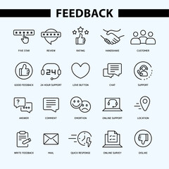 Feedback outline Icon Collection. Thin Line Set contains such Icons as Rating, Testimonials, Quick Response, Satisfaction, review, like, dislike, online support and more. Simple web icons set.