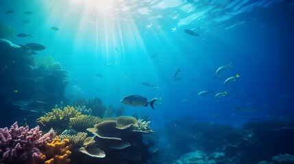 Naklejka na ściany i meble Beautiful underwater view of the coral reef. Life in the ocean. School of fish. Generative AI