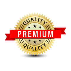 Premium quality golden badge design with red ribbon isolated on white background. 