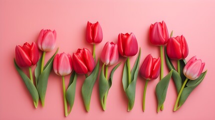 A bouquet of pink tulips on pink background with copy space