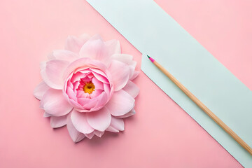 top view Single peony flower on a pastel pink background