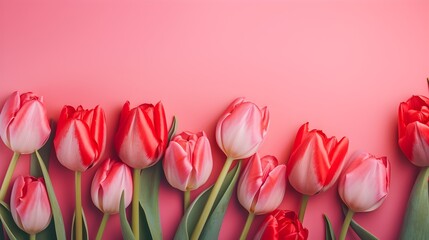 Fototapeta premium A bouquet of pink tulips on pink background with copy space
