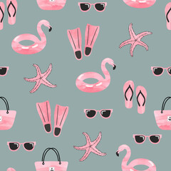 Seamless summer pattern with beach accessories. Watercolor sunglasses, bag, flip-flops and flamingo rubber ring. Sea vacation vector print