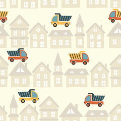 Seamless cartoon trucks and houses pattern. Vector childish illustration