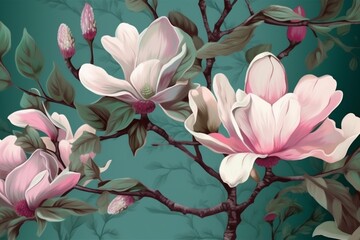 pattern flower magnolia seamless floral background wallpaper watercolor decoration spring leaf. Generative AI.