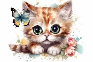 floral cute kitten kawaii big eye butterfly watercolor