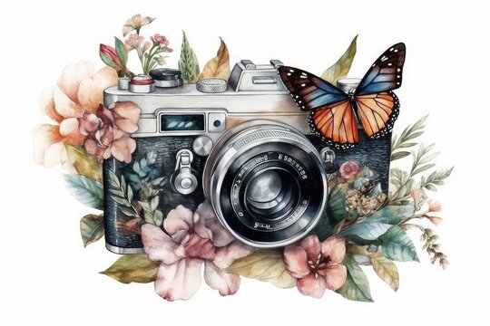 floral camera and butterfly on white background.