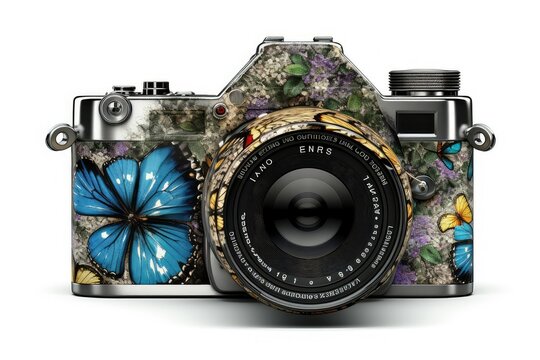 floral camera and butterfly on white background.